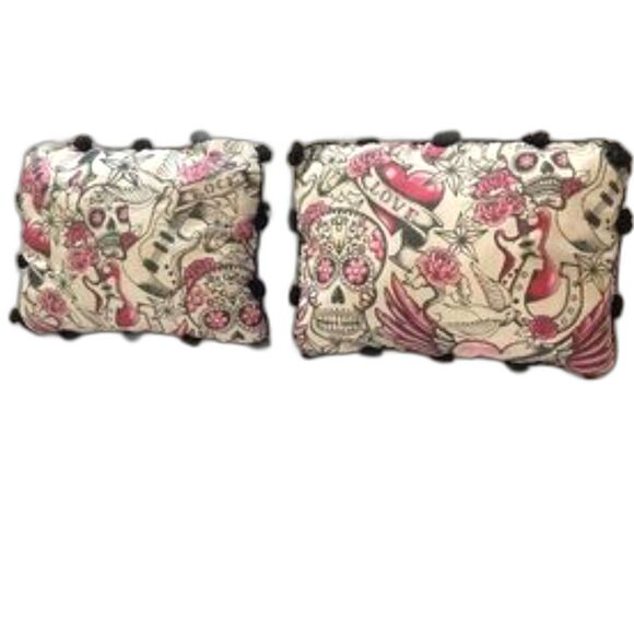 DAY of THE DEAD Rock Guitar Pink Roses Accent Throw Pillow 12 x 8 in Set of 2 - Picture 1 of 15